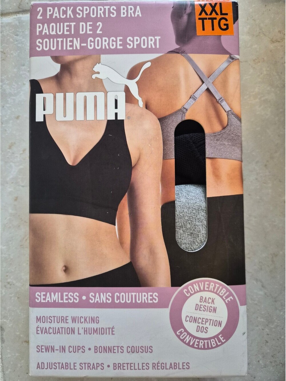 Puma 2 Pack Seamless Sports Bra Moisture Wicking Adjustable Straps XXL 0221